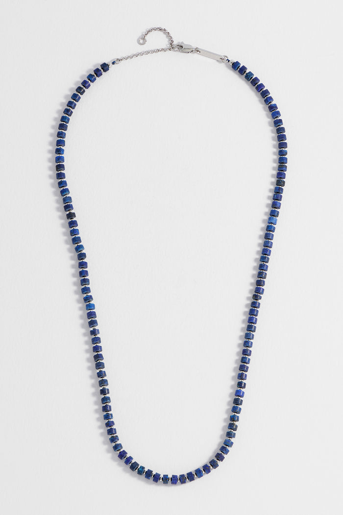 estella bartlett Men's Gemstone Rondelle Necklace Waterproof PVD Rhodium Plated | Lapis