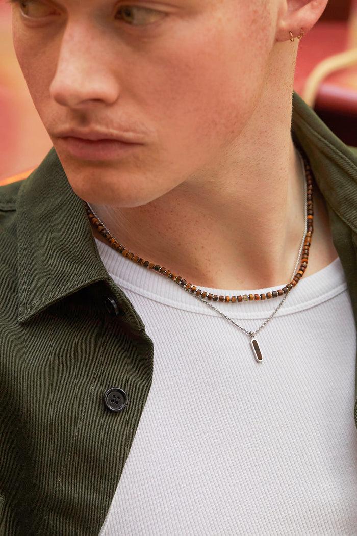 Estella Bartlett Men's Gemstone Rondelle Necklace Waterproof PVD Rhodium Plated | Tigers Eye