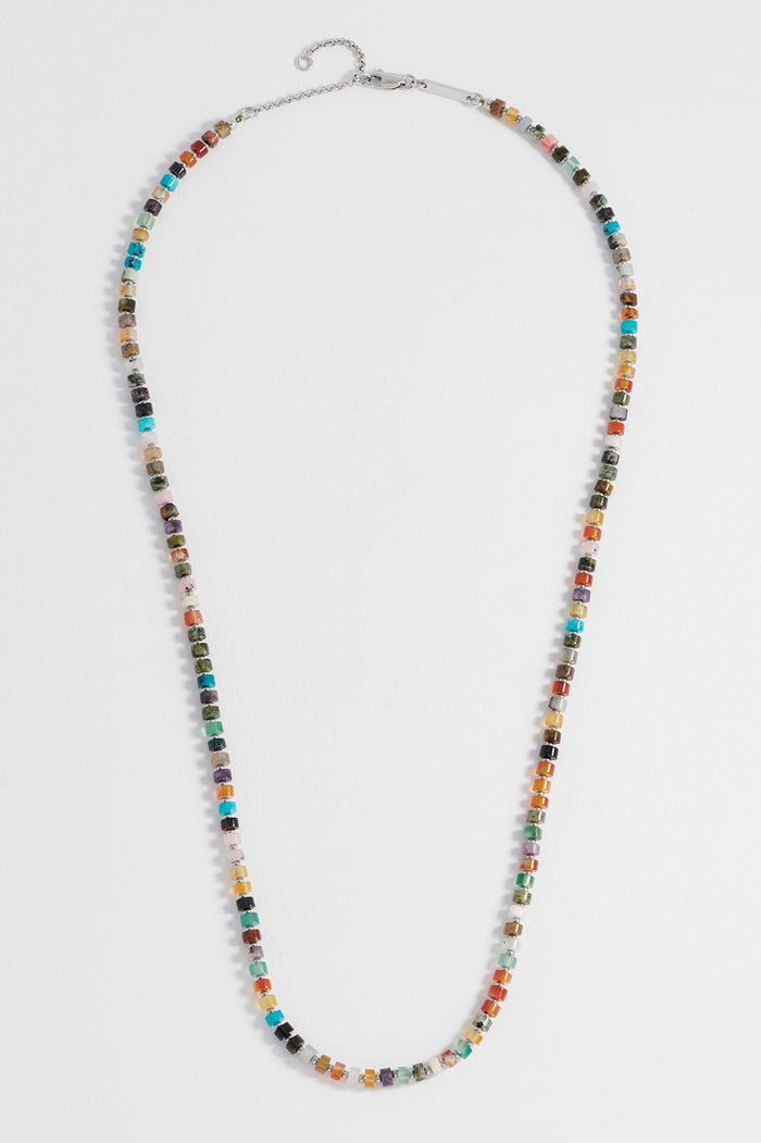 estella bartlett Men's Gemstone Rondelle Necklace Waterproof PVD Rhodium Plated | Mixed Green