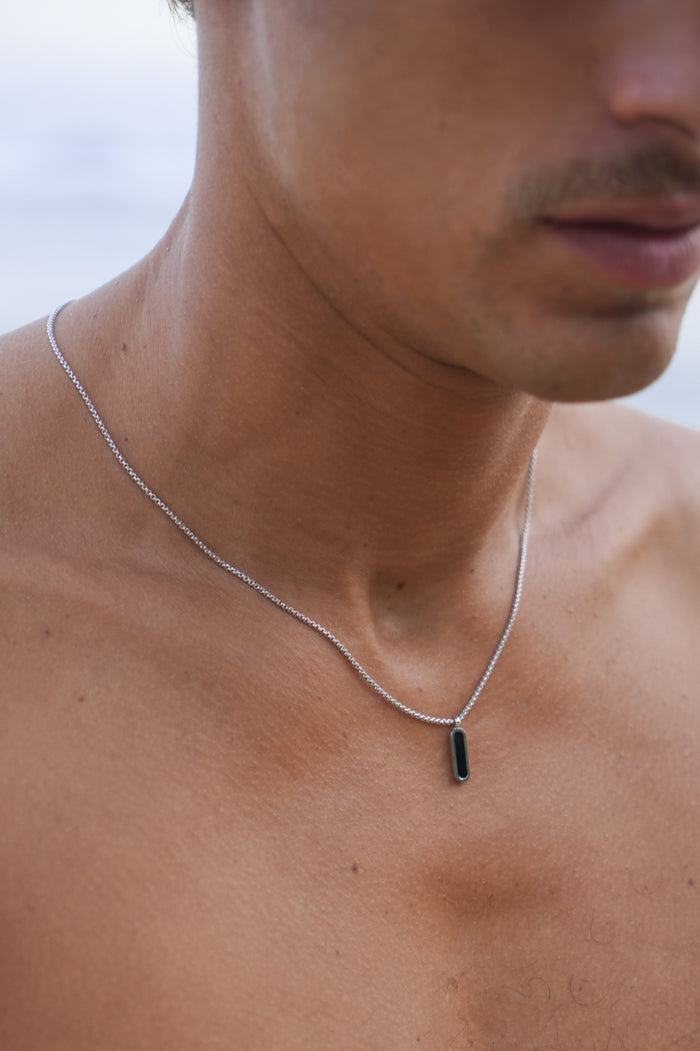 Estella Bartlett Men's Gemstone Tag Pendant Necklace Waterproof PVD Rhodium Plated | Black Onyx