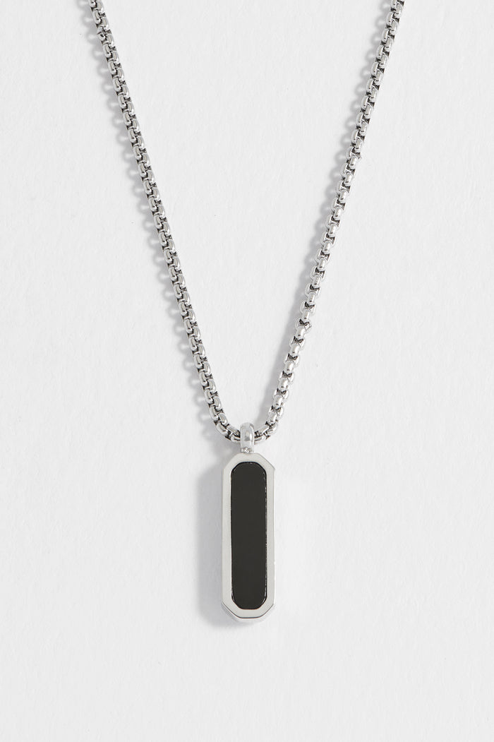Estella Bartlett Men's Gemstone Tag Pendant Necklace Waterproof PVD Rhodium Plated | Black Onyx