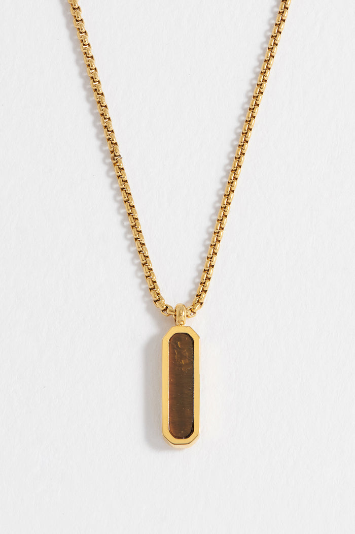 Estella Bartlett Men's Gemstone Tag Pendant Necklace Waterproof PVD Gold Plated | Tigers Eye