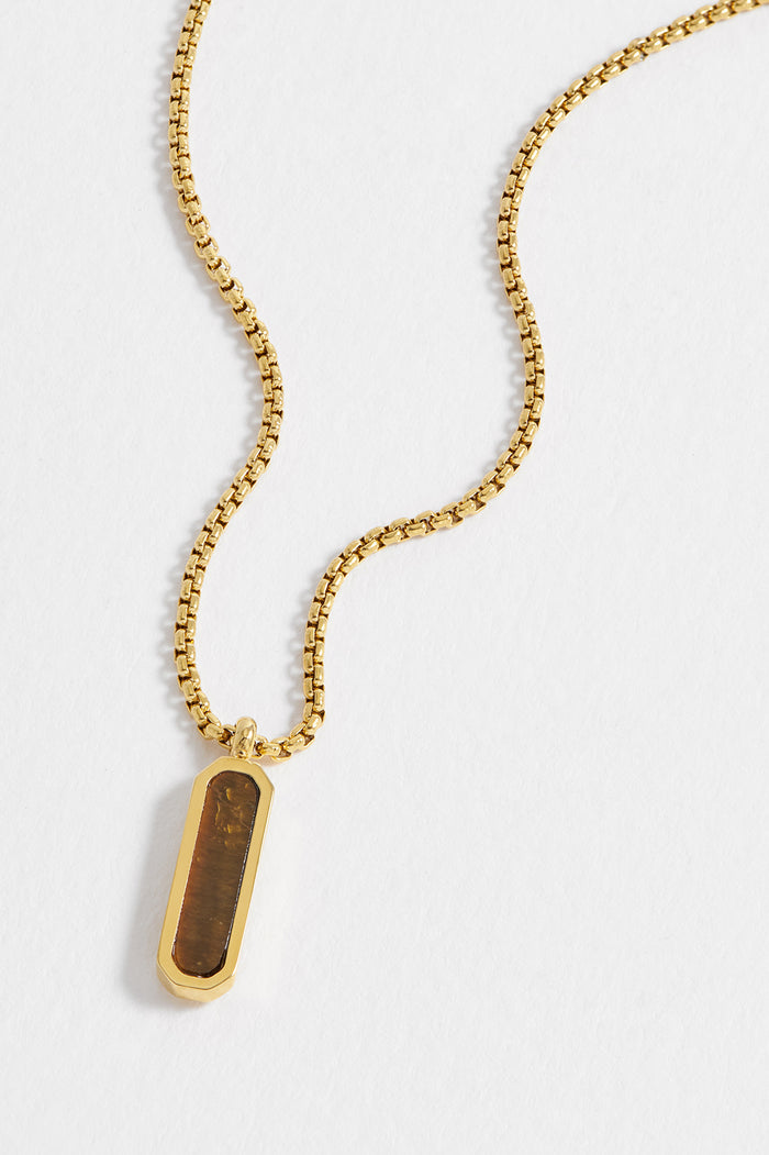 estella bartlett Men's Gemstone Tag Pendant Necklace Waterproof PVD Gold Plated | Tigers Eye