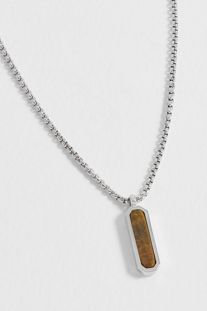Estella Bartlett Men's Gemstone Tag Pendant Necklace Waterproof PVD Rhodium Plated | Tigers Eye