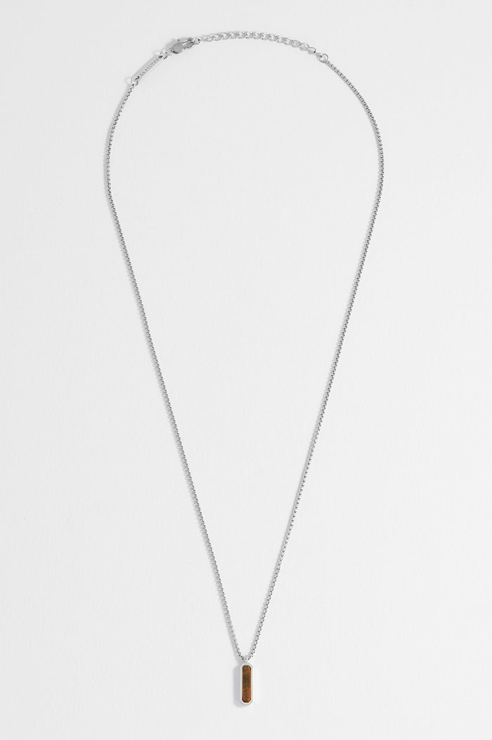 Estella Bartlett Men's Gemstone Tag Pendant Necklace Waterproof PVD Rhodium Plated | Tigers Eye