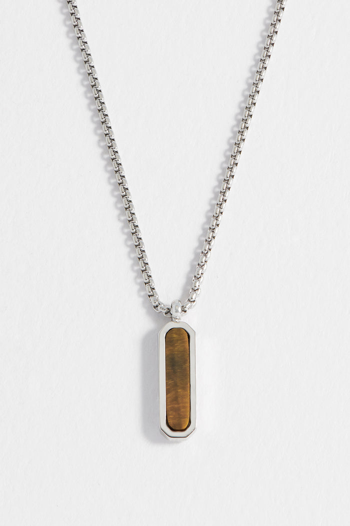 estella bartlett Men's Gemstone Tag Pendant Necklace Waterproof PVD Rhodium Plated | Tigers Eye estella bartlett Men's Gemstone Tag Pendant Necklace Waterproof PVD Rhodium Plated | Tigers Eye