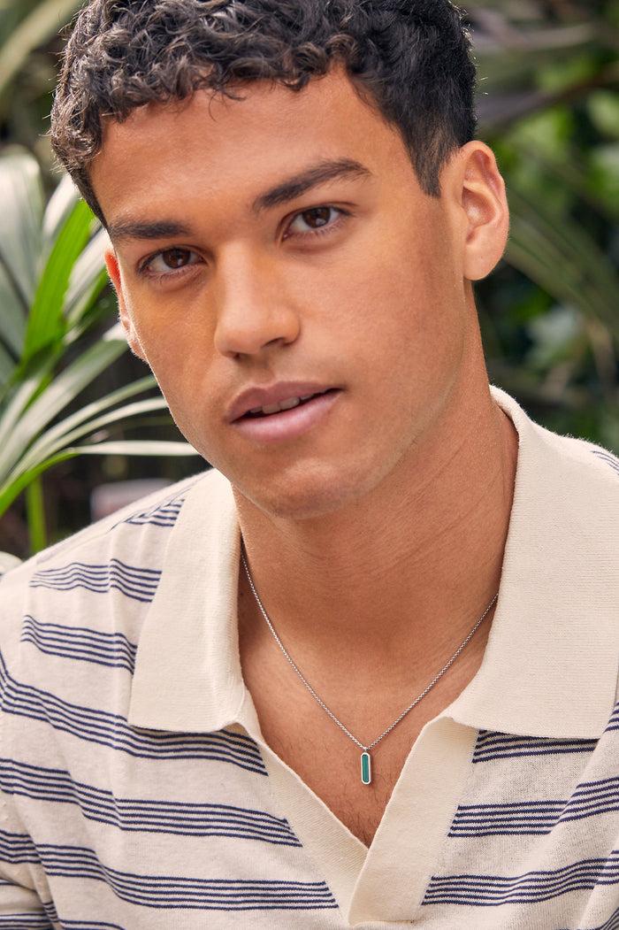 Estella Bartlett Men's Gemstone Tag Pendant Necklace Waterproof PVD Rhodium Plated | Malachite