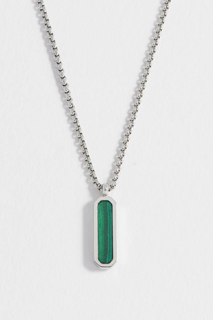 Estella Bartlett Men's Gemstone Tag Pendant Necklace Waterproof PVD Rhodium Plated | Malachite