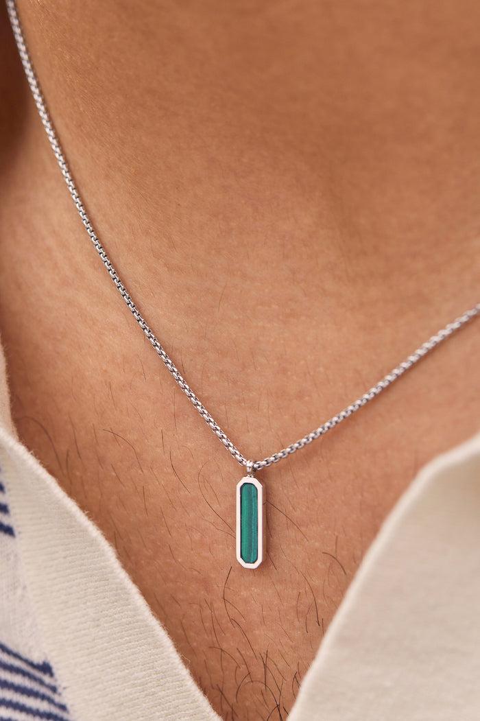 Estella Bartlett Men's Gemstone Tag Pendant Necklace Waterproof PVD Rhodium Plated | Malachite