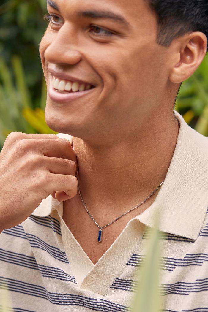 Estella Bartlett Men's Gemstone Tag Pendant Necklace Waterproof PVD Rhodium Plated | Lapis