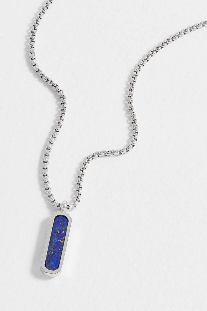 Estella Bartlett Men's Gemstone Tag Pendant Necklace Waterproof PVD Rhodium Plated | Lapis