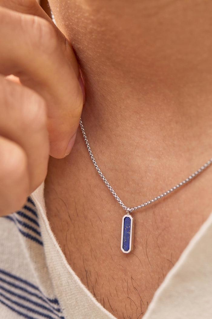 Estella Bartlett Men's Gemstone Tag Pendant Necklace Waterproof PVD Rhodium Plated | Lapis