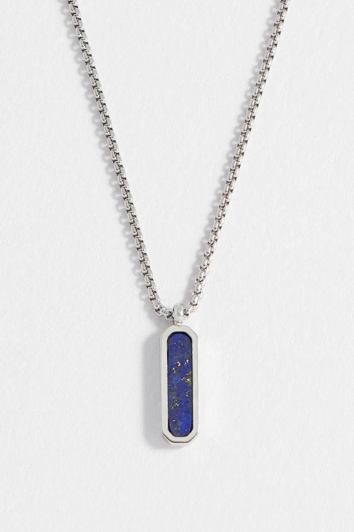 estella bartlett Men's Gemstone Tag Pendant Necklace Waterproof PVD Rhodium Plated | Lapis