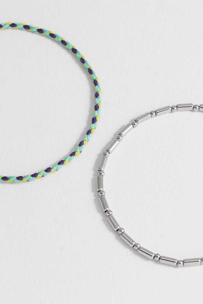 Estella Bartlett Men's Green Cord And Beaded Stretch Duo Bracelet Waterproof PVD Rhodium Plated | Green