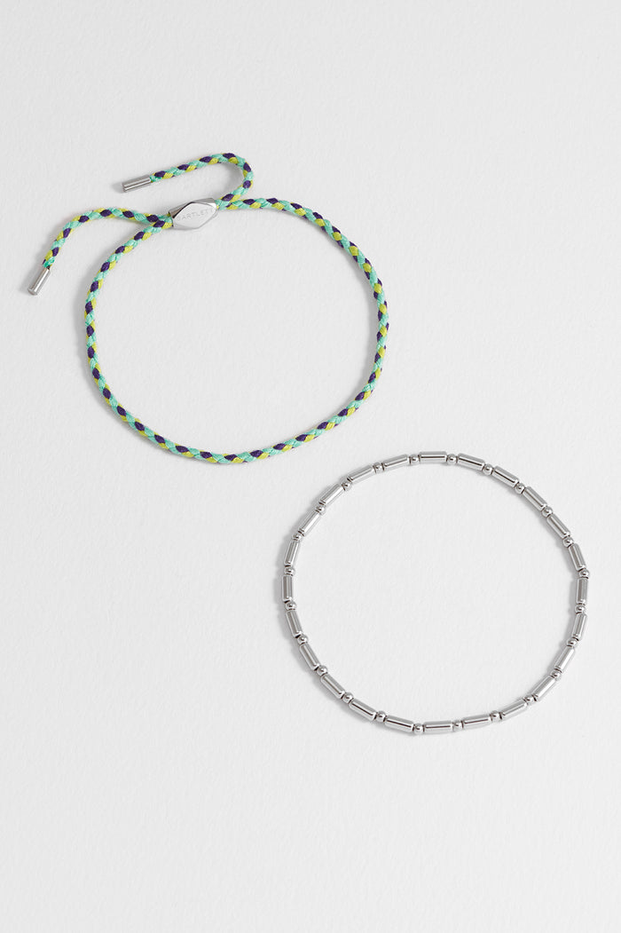 estella bartlett Men's Green Cord and Beaded Stretch Duo Bracelet Waterproof PVD Rhodium Plated | Green