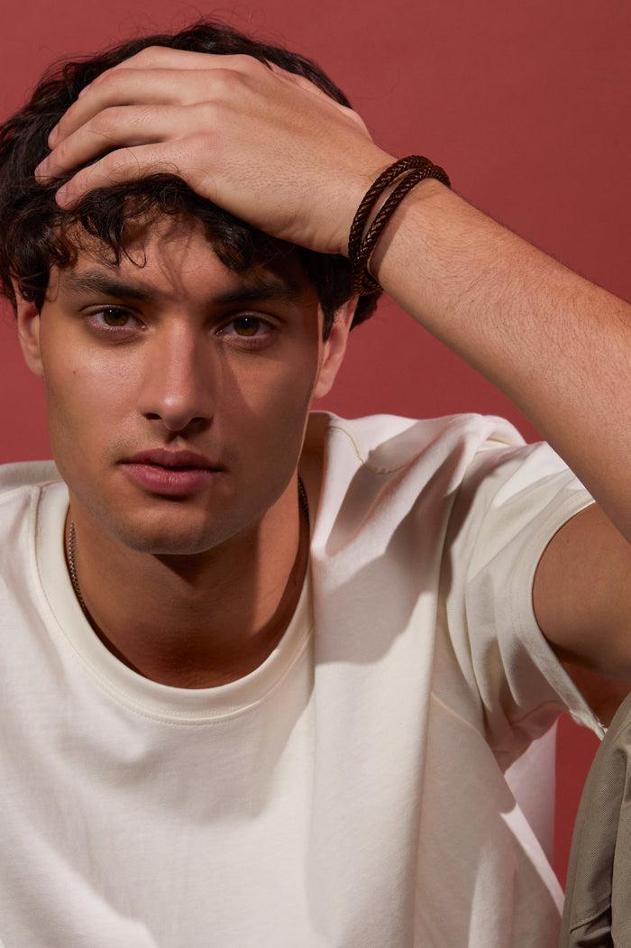 Estella Bartlett Men's Leather Double Plaited Wrap Bracelet Waterproof Stainless Steel | Brown