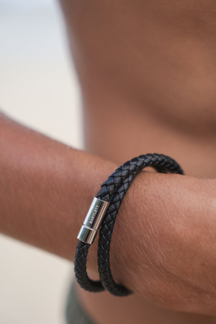 Estella Bartlett Men's Leather Double Plaited Wrap Bracelet Waterproof Stainless Steel | Black