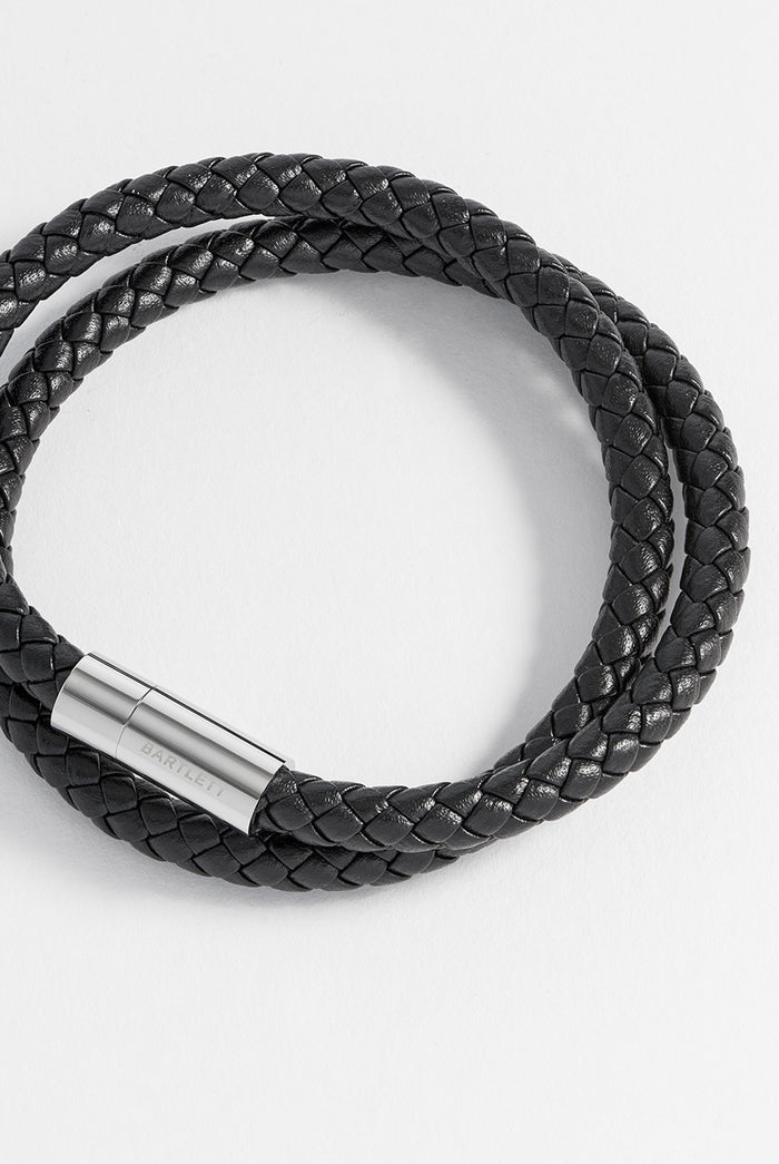 Estella Bartlett Men's Leather Double Plaited Wrap Bracelet Waterproof Stainless Steel | Black