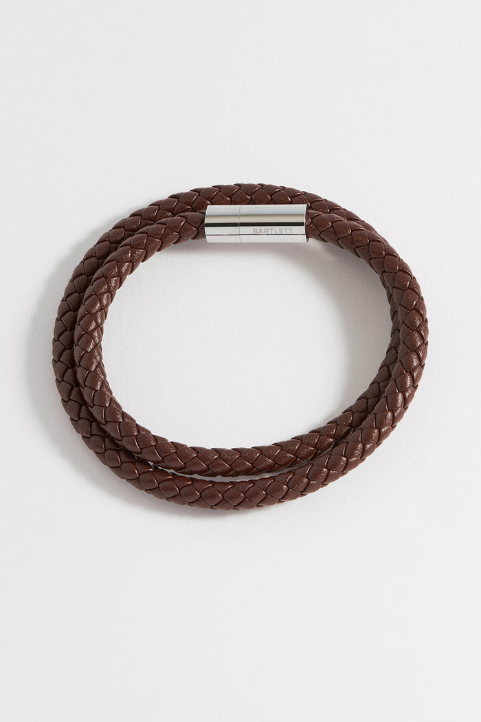 estella bartlett Men's Leather Double Plaited Wrap Bracelet Waterproof Stainless Steel | Brown