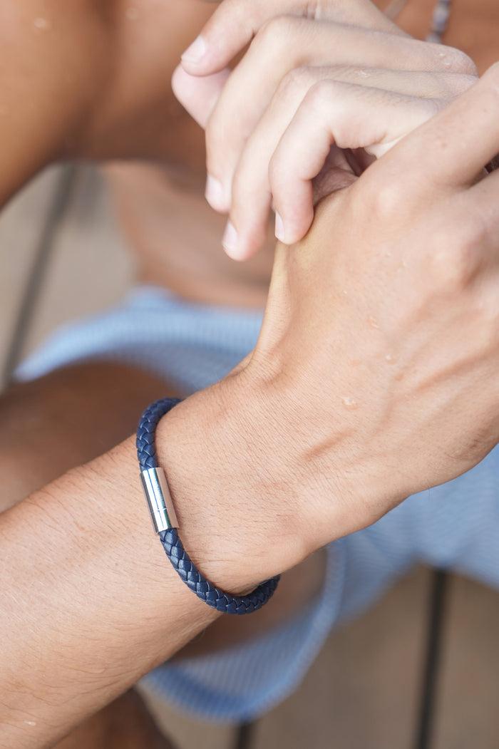 Estella Bartlett Men's Leather Single Plaited Wrap Bracelet Waterproof Stainless Steel | Navy