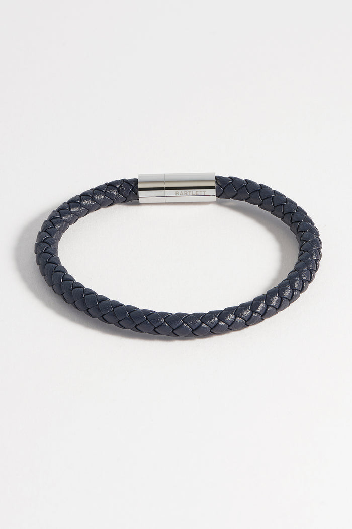 Estella Bartlett Men's Leather Single Plaited Wrap Bracelet Waterproof Stainless Steel | Navy
