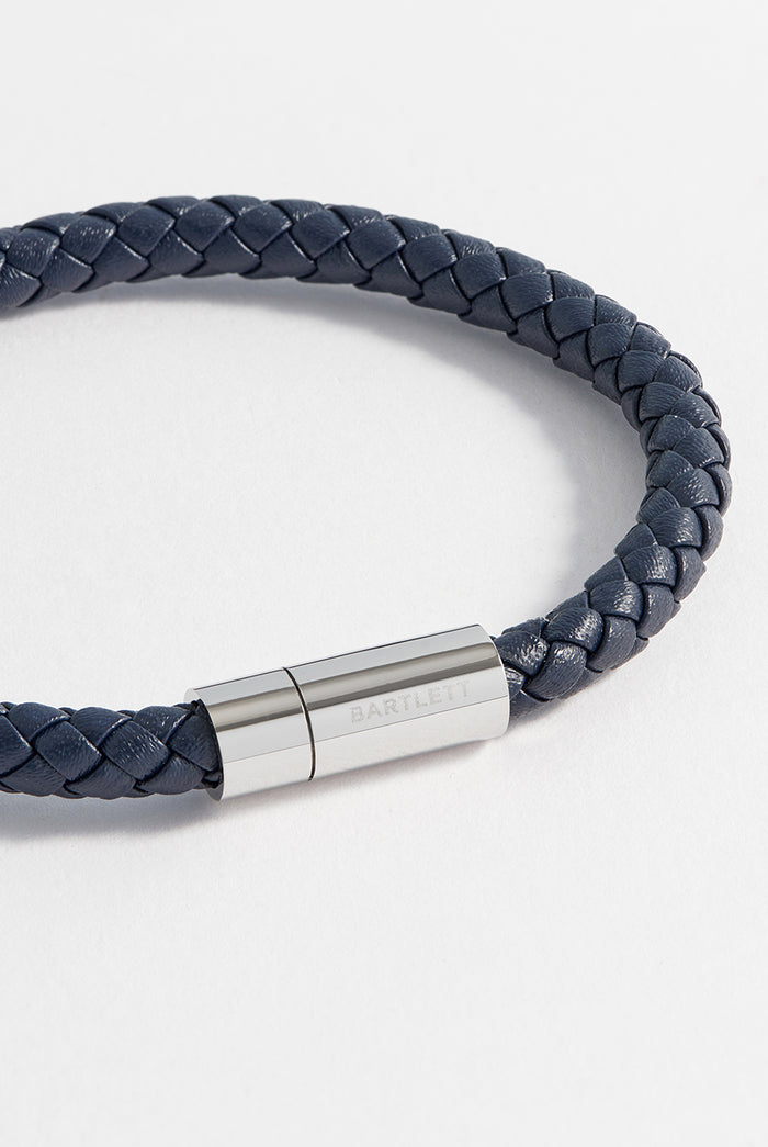 estella bartlett Men's Leather Single Plaited Wrap Bracelet Waterproof Stainless Steel | Navy