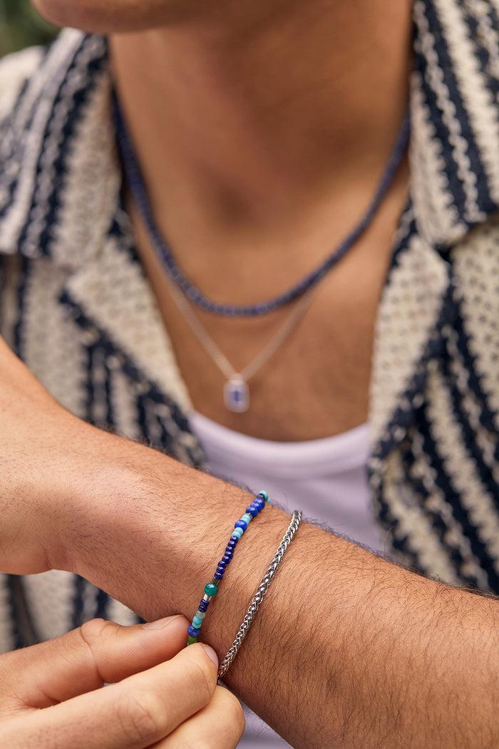 Estella Bartlett Men's Mixed Bead Stretch Bracelet Waterproof PVD Rhodium Plated | Lapis And Green Onyx