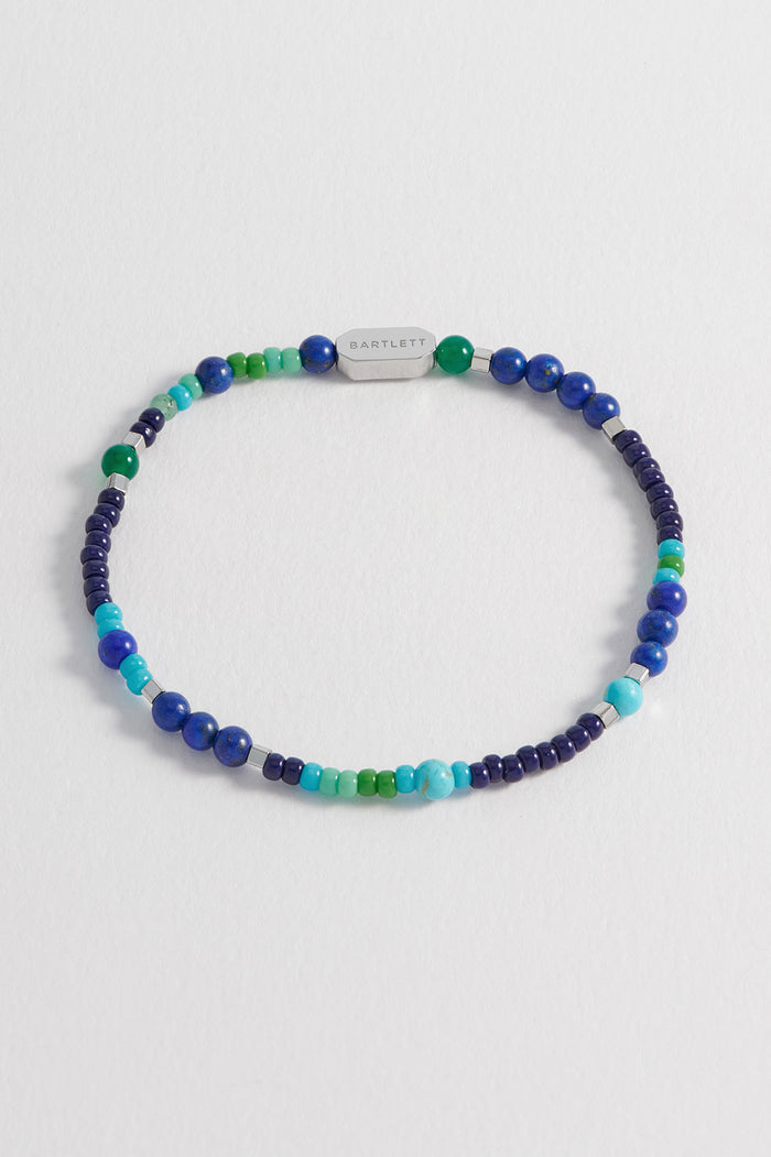 Estella Bartlett Men's Mixed Bead Stretch Bracelet Waterproof PVD Rhodium Plated | Lapis And Green Onyx