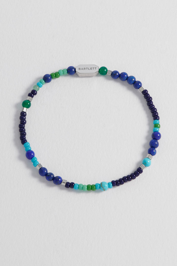 estella bartlett Men's Mixed Bead Stretch Bracelet Waterproof PVD Rhodium Plated | Lapis And Green Onyx