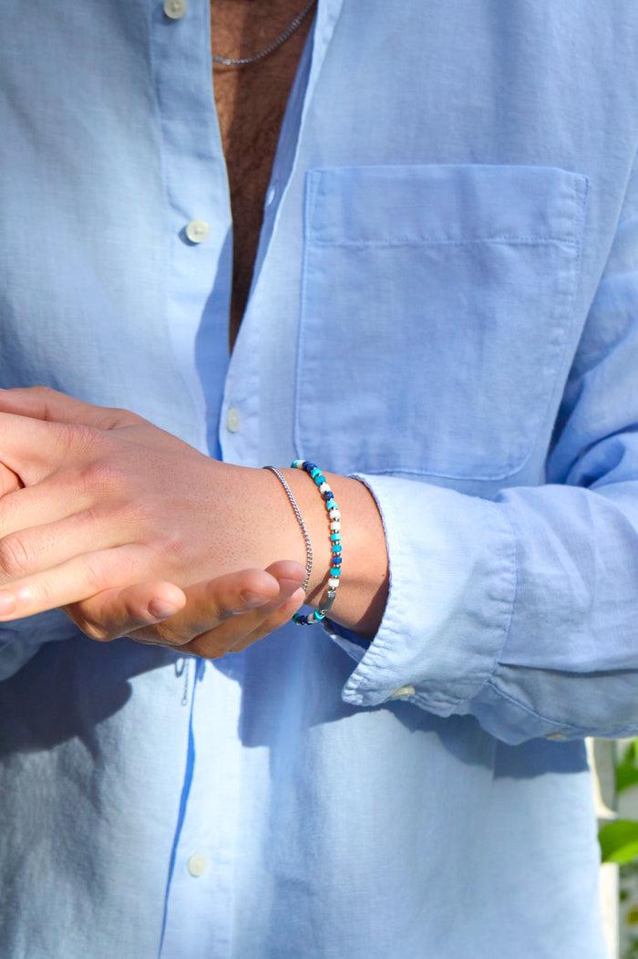 Estella Bartlett Men's Mixed Blue Gemstone Rondelle Bracelet Waterproof PVD Rhodium Plated | Mixed Gemstones