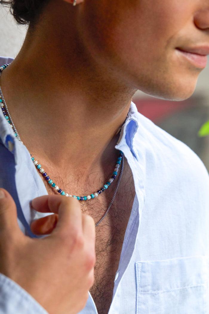 Estella Bartlett Men's Mixed Blue Gemstone Rondelle Necklace Waterproof PVD Rhodium Plated | Mixed Gemstones