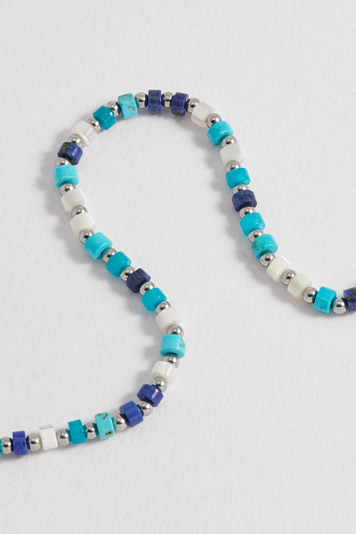 Estella Bartlett Men's Mixed Blue Gemstone Rondelle Necklace Waterproof PVD Rhodium Plated | Mixed Gemstones