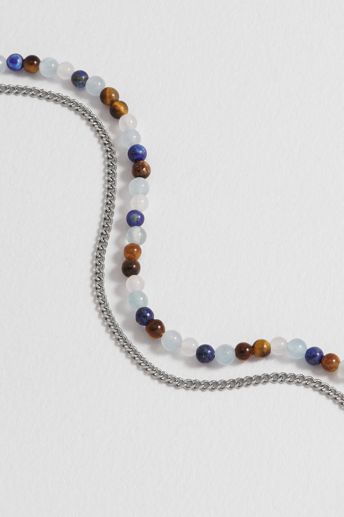 Estella Bartlett Men's Mixed Gemstone And Chain Duo Bracelet Waterproof PVD Rhodium Plated | Mixed Gemstones