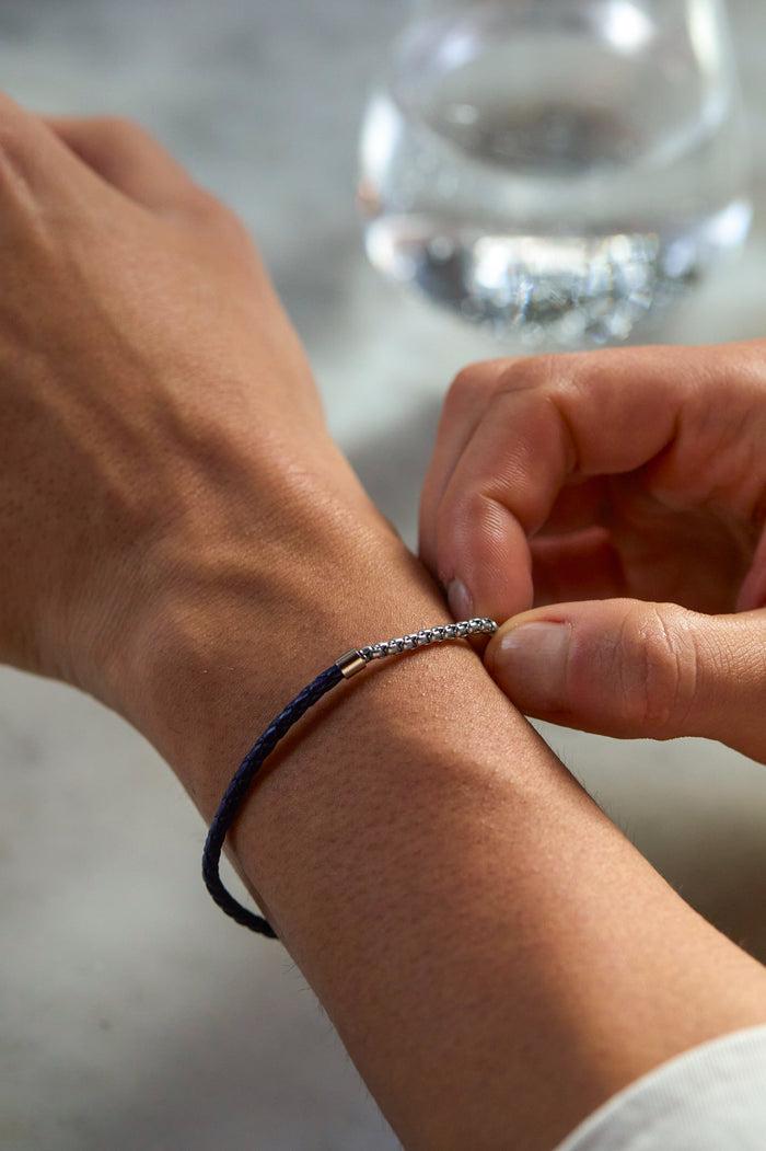 Estella Bartlett Men's Navy Blue Leather And Chain Hook Bracelet Waterproof PVD Rhodium Plated | Navy