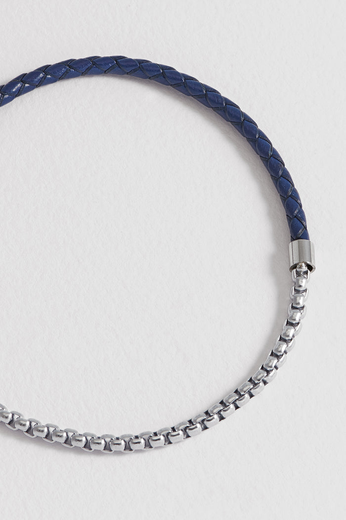 Estella Bartlett Men's Navy Blue Leather And Chain Hook Bracelet Waterproof PVD Rhodium Plated | Navy