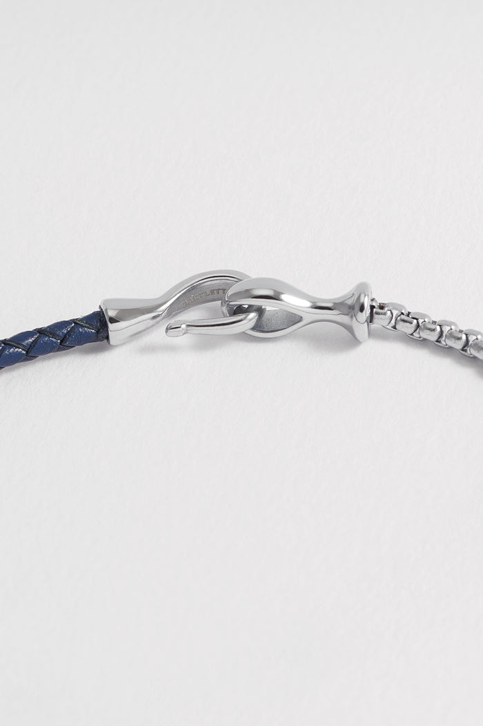 Estella Bartlett Men's Navy Blue Leather And Chain Hook Bracelet Waterproof PVD Rhodium Plated | Navy