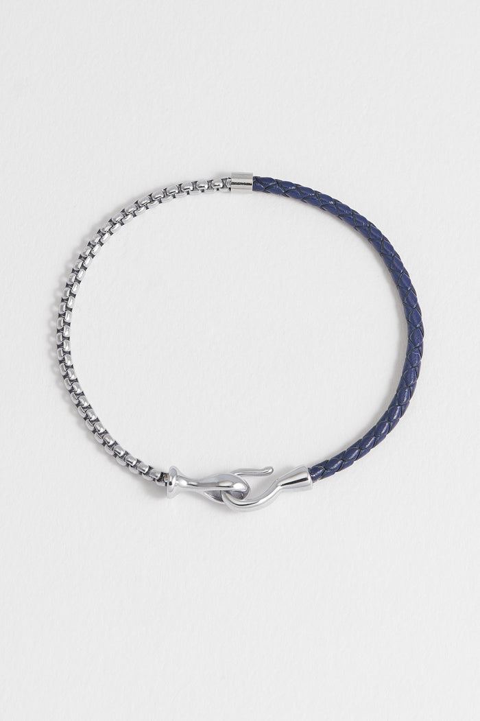 estella bartlett Men's Navy Blue Leather and Chain Hook Bracelet Waterproof PVD Rhodium Plated | Navy