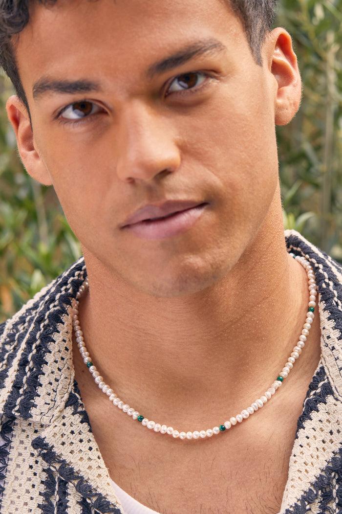 Estella Bartlett Men's Pearl And Gemstone Necklace Waterproof PVD Rhodium Plated | Pearl And Malachite