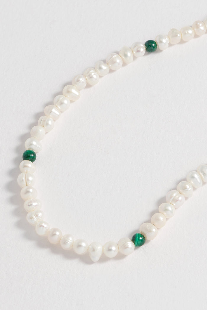 Estella Bartlett Men's Pearl And Gemstone Necklace Waterproof PVD Rhodium Plated | Pearl And Malachite