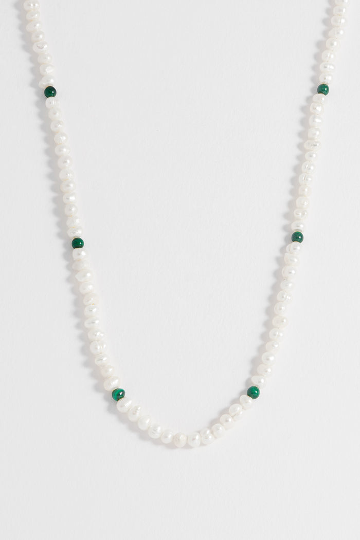 estella bartlett Men's Pearl and Gemstone Necklace Waterproof PVD Rhodium Plated | Pearl and Malachite