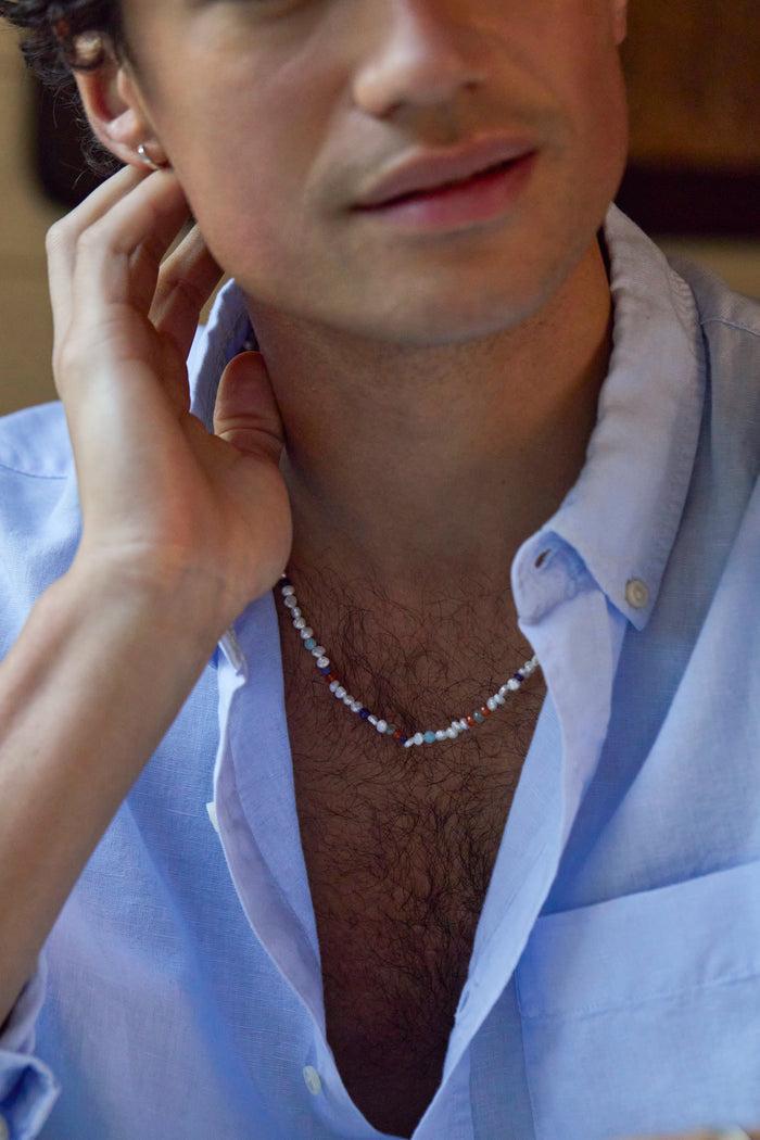 Estella Bartlett Men's Pearl And Mixed Gemstone Necklace Waterproof PVD Rhodium Plated | Pearl