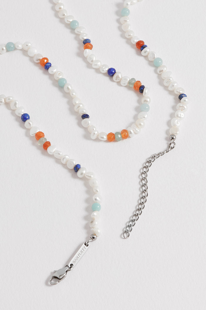 Estella Bartlett Men's Pearl And Mixed Gemstone Necklace Waterproof PVD Rhodium Plated | Pearl