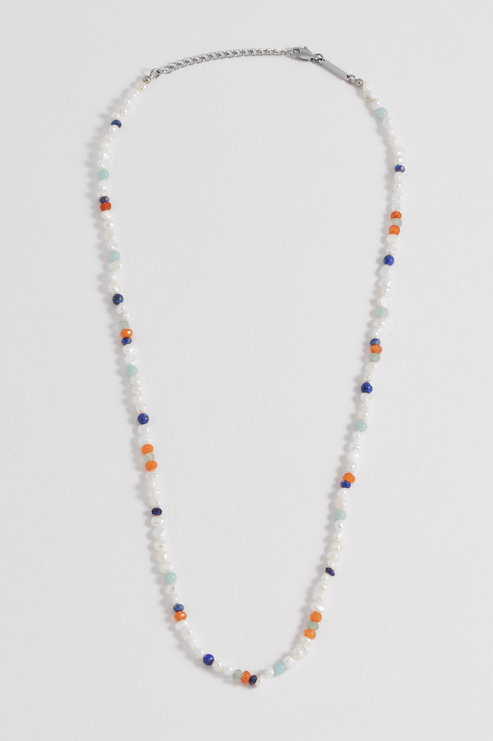 estella bartlett Men's Pearl and Mixed Gemstone Necklace Waterproof PVD Rhodium Plated | Pearl