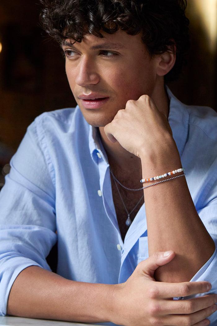 Estella Bartlett Men's Pearl And Mixed Gemstones Bracelet Waterproof PVD Rhodium Plated | Pearl