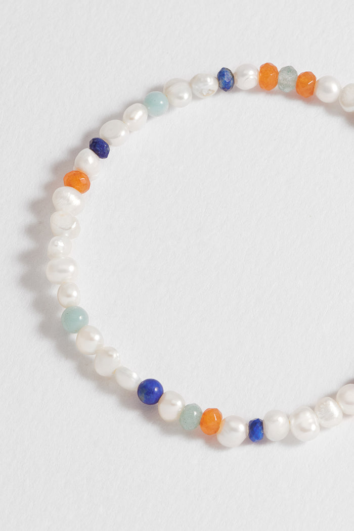 Estella Bartlett Men's Pearl And Mixed Gemstones Bracelet Waterproof PVD Rhodium Plated | Pearl