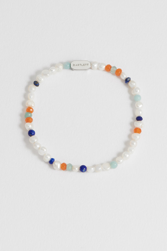 estella bartlett Men's Pearl and Mixed Gemstones Bracelet Waterproof PVD Rhodium Plated | Pearl