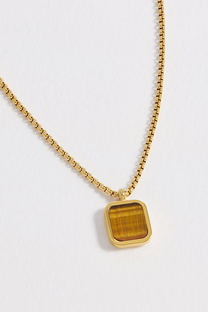 Estella Bartlett Men's Square Gemstone Pendant Necklace Waterproof PVD Gold Plated | Tigers Eye