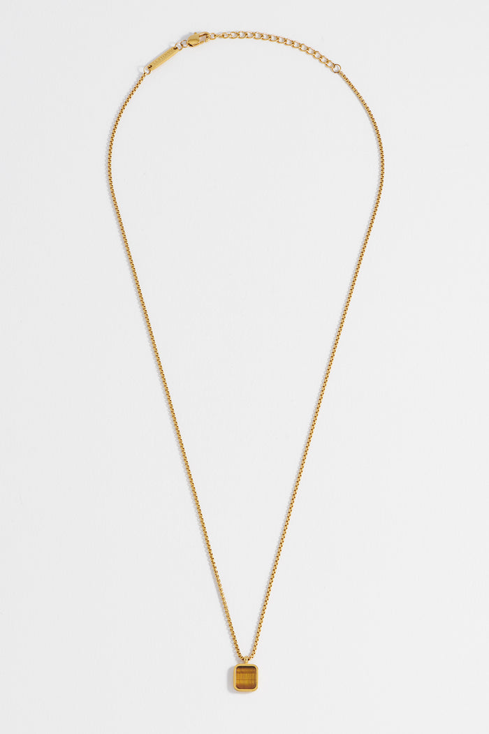 Estella Bartlett Men's Square Gemstone Pendant Necklace Waterproof PVD Gold Plated | Tigers Eye
