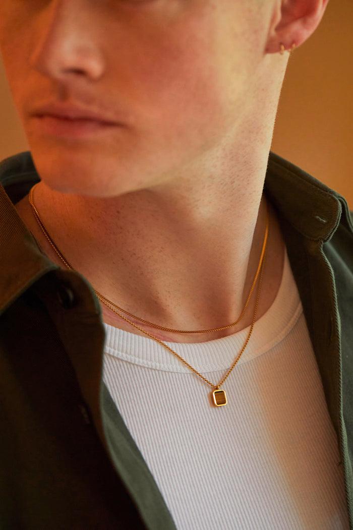 Estella Bartlett Men's Square Gemstone Pendant Necklace Waterproof PVD Gold Plated | Tigers Eye