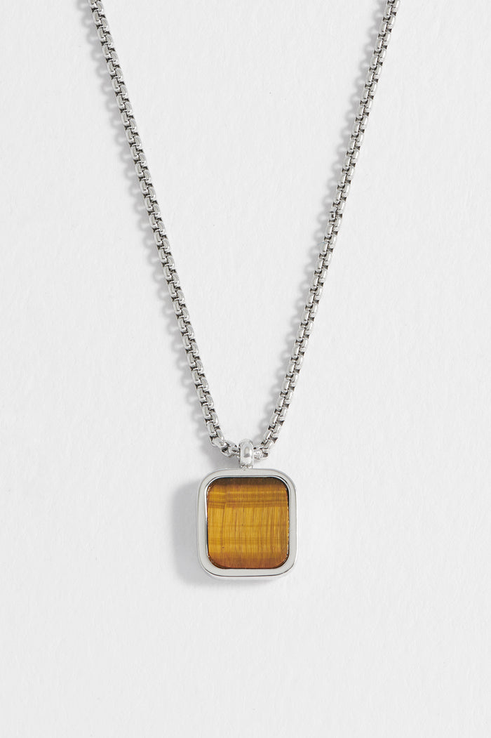 Estella Bartlett Men's Square Gemstone Pendant Necklace Waterproof PVD Rhodium Plated | Tigers Eye